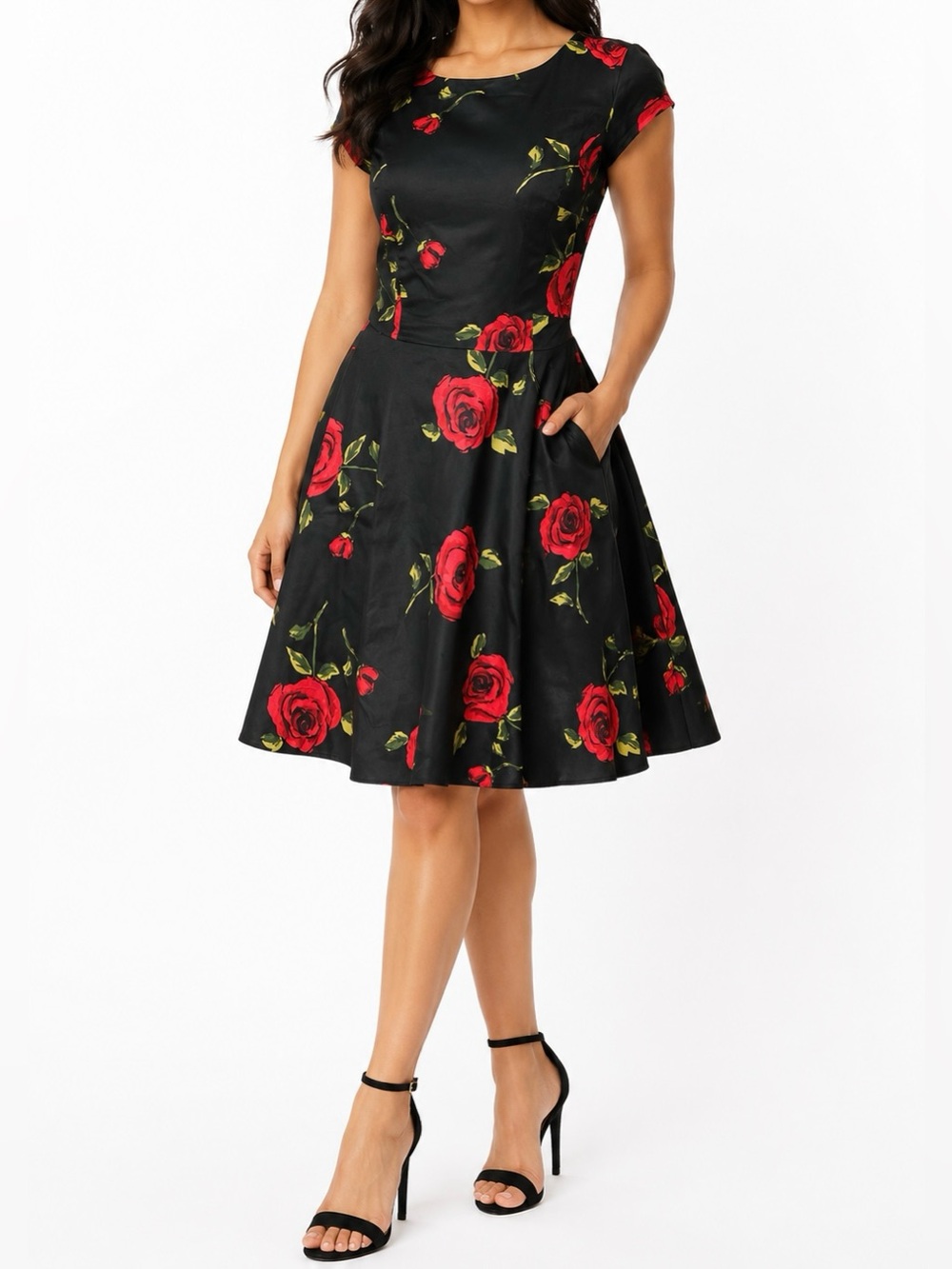 Dressystar Women's  Floral Black Dress with Red Roses